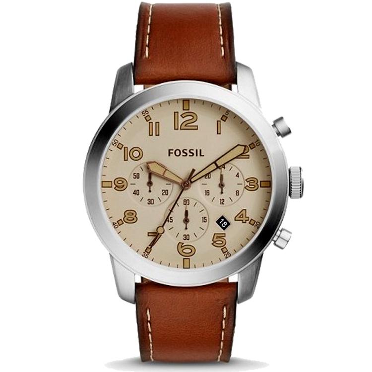 FOSSIL Pilot 54 Beige Dial Chronograph Leather Strap Mens Watch-FS5144