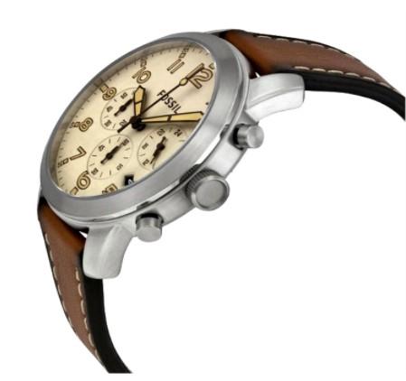 FOSSIL Pilot 54 Beige Dial Chronograph Leather Strap Mens Watch-FS5144