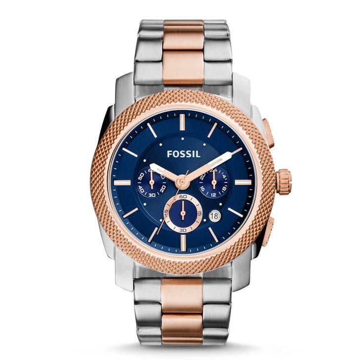 Fossil Machine Chronograph Blue Dial Two-Tone Mens Watch-FS5037