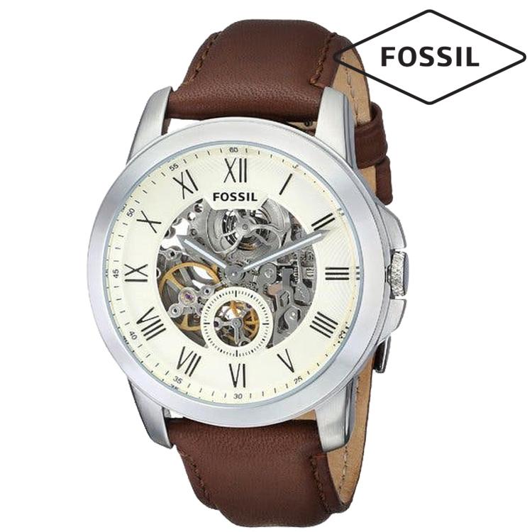 Fossil Authentic Grant Automatic Cream Dial Brown Leather Band Mens Watch-ME3052