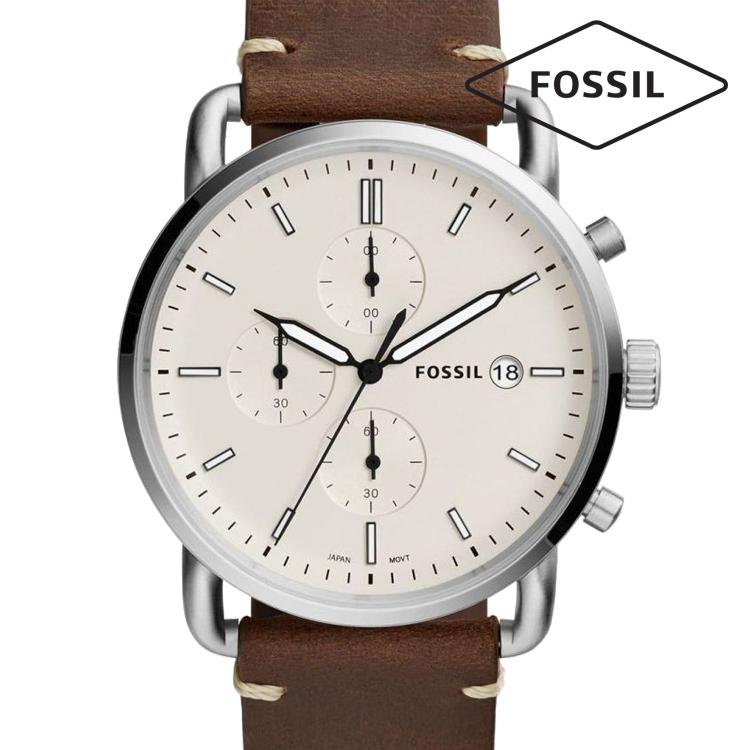 Fossil The Commuter Chronograph Beige Dial Brown Leather Band Mens Watch-FS5402
