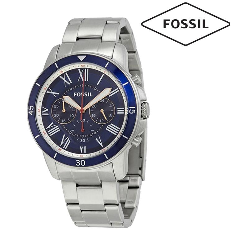 Fossil Chronograph Grant Sport Blue Dial Silver Band Stainless Steel Mens Watch-FS5238
