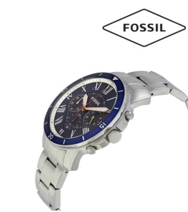 Fossil Chronograph Grant Sport Blue Dial Silver Band Stainless Steel Mens Watch-FS5238