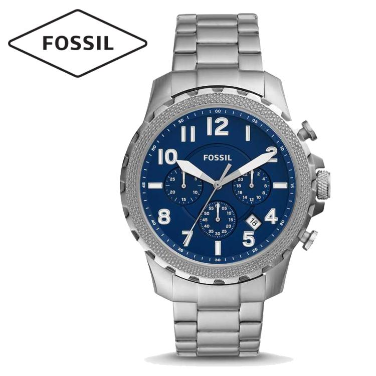 Fossil Chronograph Blue Dial Silver Band Stainless Steel Mens Watch-FS5604