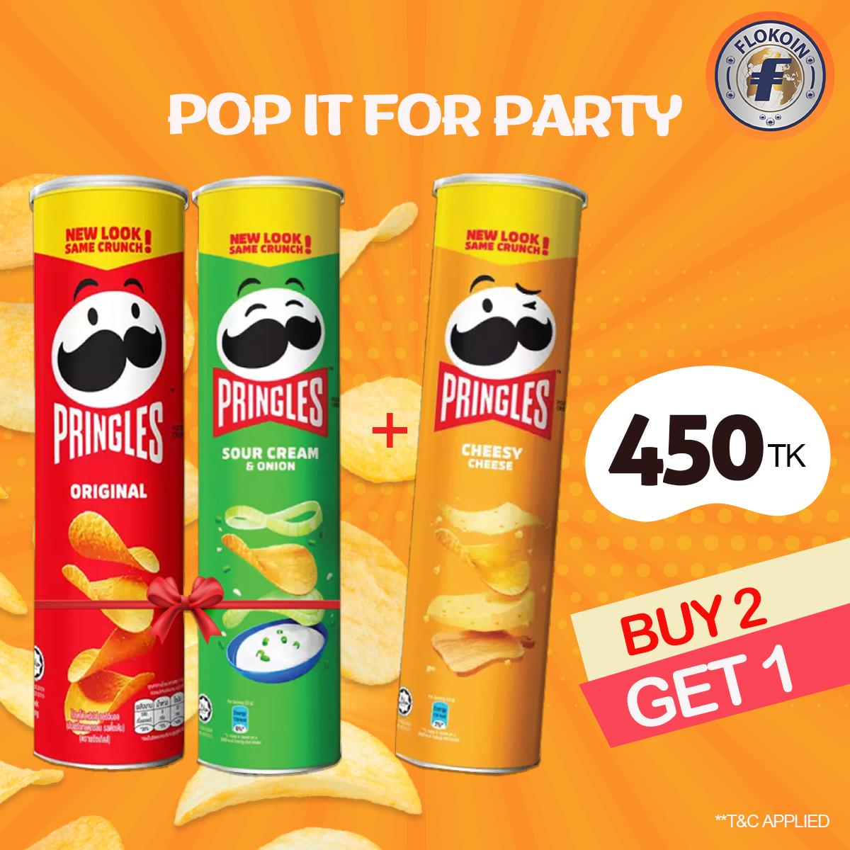 Pringles Potato Chips 147gm Buy 2 Get 1 Free Offer: Original, Sour Cream & Onion, Cheesy Cheese Flavors