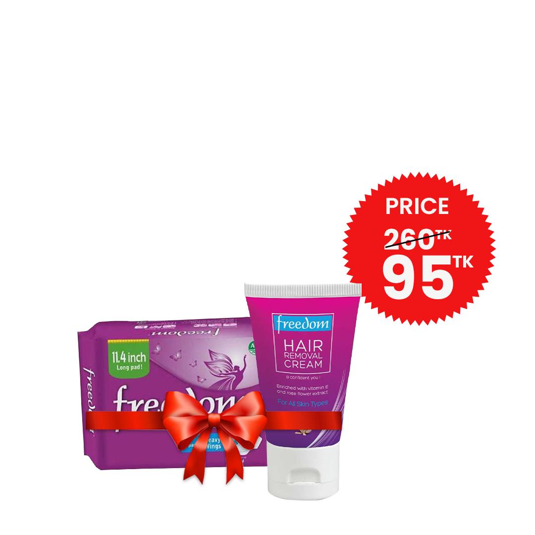 Freedom Heavy Flow Wings Sanitary Napkin (8 Pads) + Freedom Hair Removal Cream 50g (Combo)