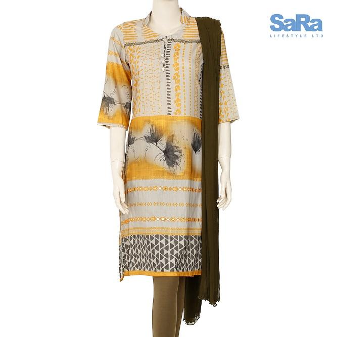 SaRa Ladies Ethnic 3 pcs (NWEW32 Ash & yellow-Ash With Yellow printA )