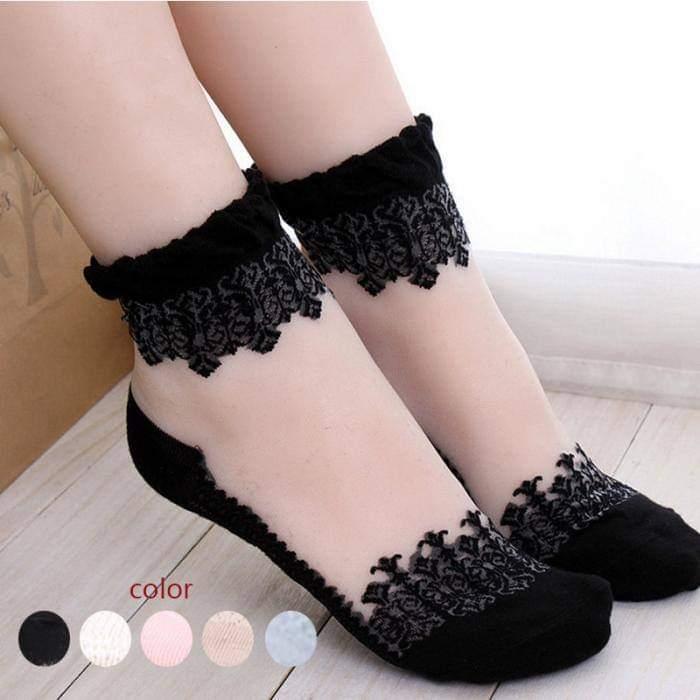 Ultrathin Transparent Lace Women Black Socks