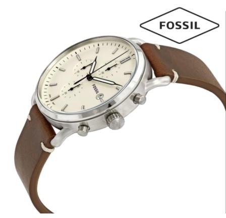 Fossil The Commuter Chronograph Beige Dial Brown Leather Band Mens Watch-FS5402