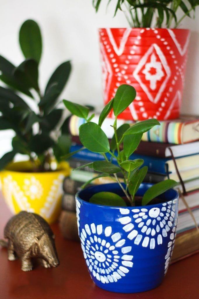 Handpainted terracotta pot Round Shape - Blue