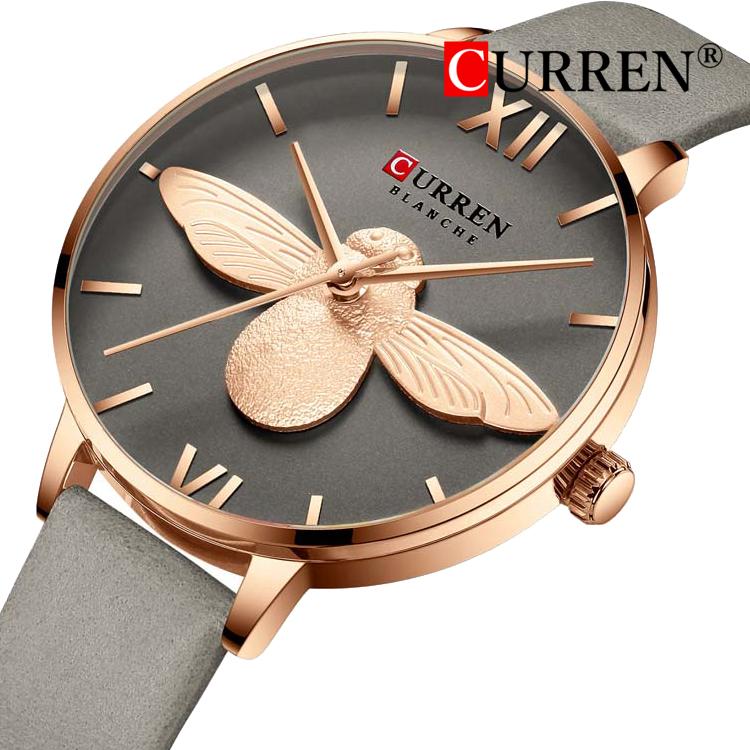 Latest CURREN Ultra Thin Butterfly Grey Dial Grey Leather Band Ladies Watch