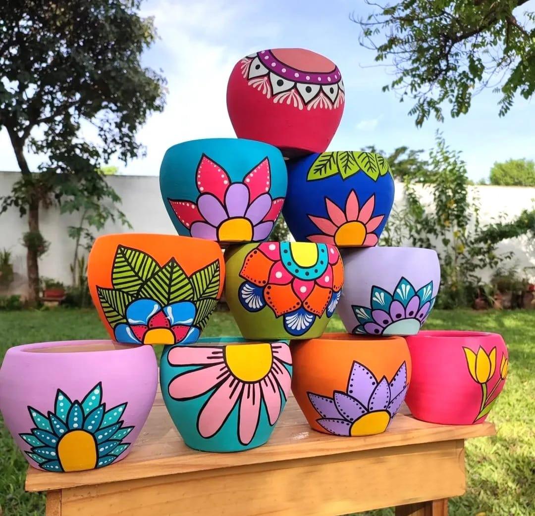 Handpainted terracotta pot 5/6 inch-...