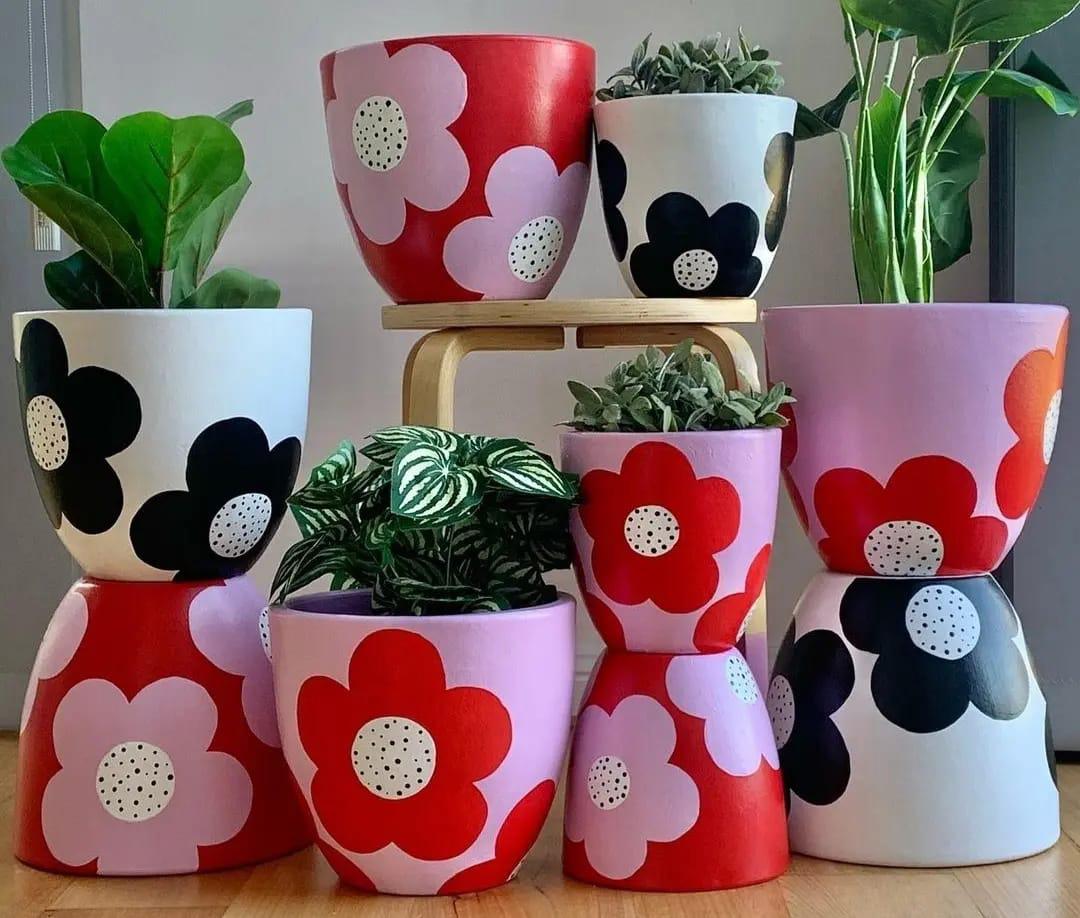 Handpainted terracotta pot 5/6 inch- Pink,...
