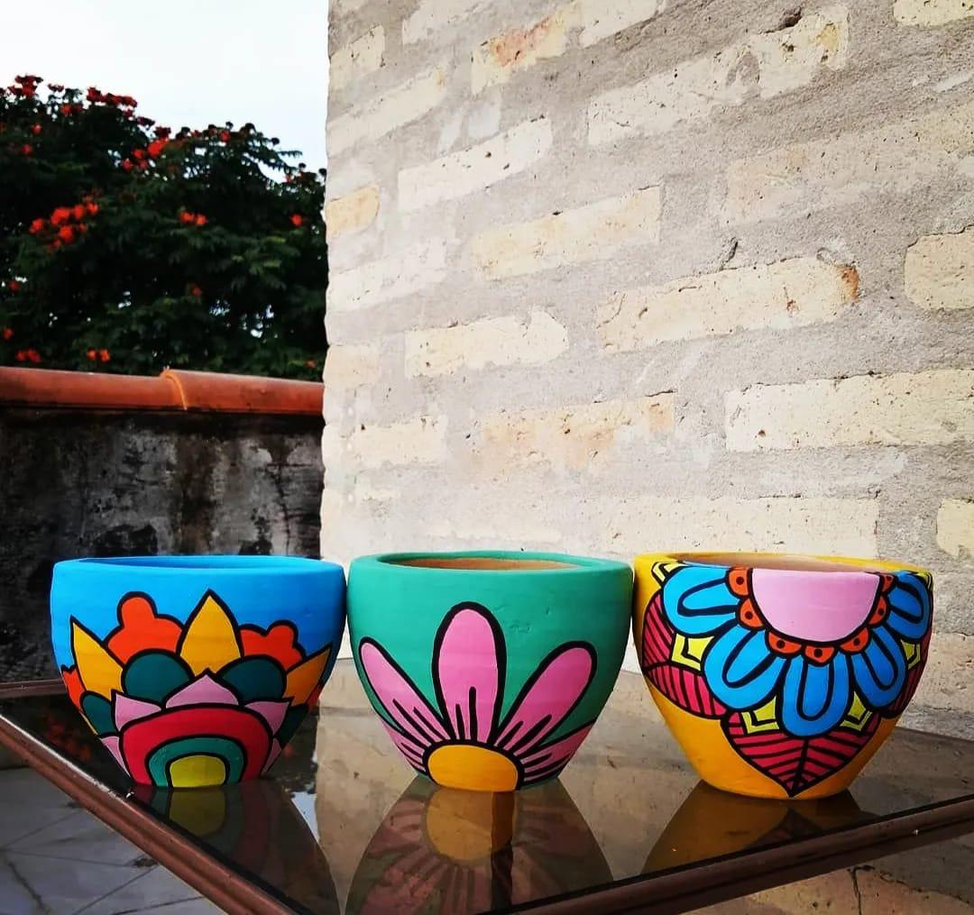 Handpainted terracotta pot 5/6 inch- Blue,...