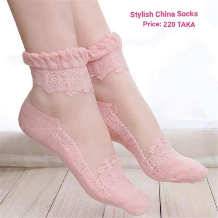 Ultrathin Transparent Lace Women Pink Socks